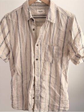 Ghanda Short Sleeve Linen-Blend Shirt in Cream with Blue Stripes Men’s Small